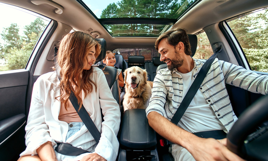 Personal car insurance in Conroe, TX with family and dog riding in a protected car