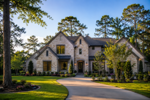 Large stone and brick Texas home with steep gable roofline, mature pine trees, and curved driveway at dusk, typical of DFW and Montgomery County properties
